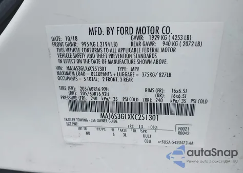 2019 Ford Ecosport Se из США, поврежденный, VIN MAJ6S3GLXKC251301